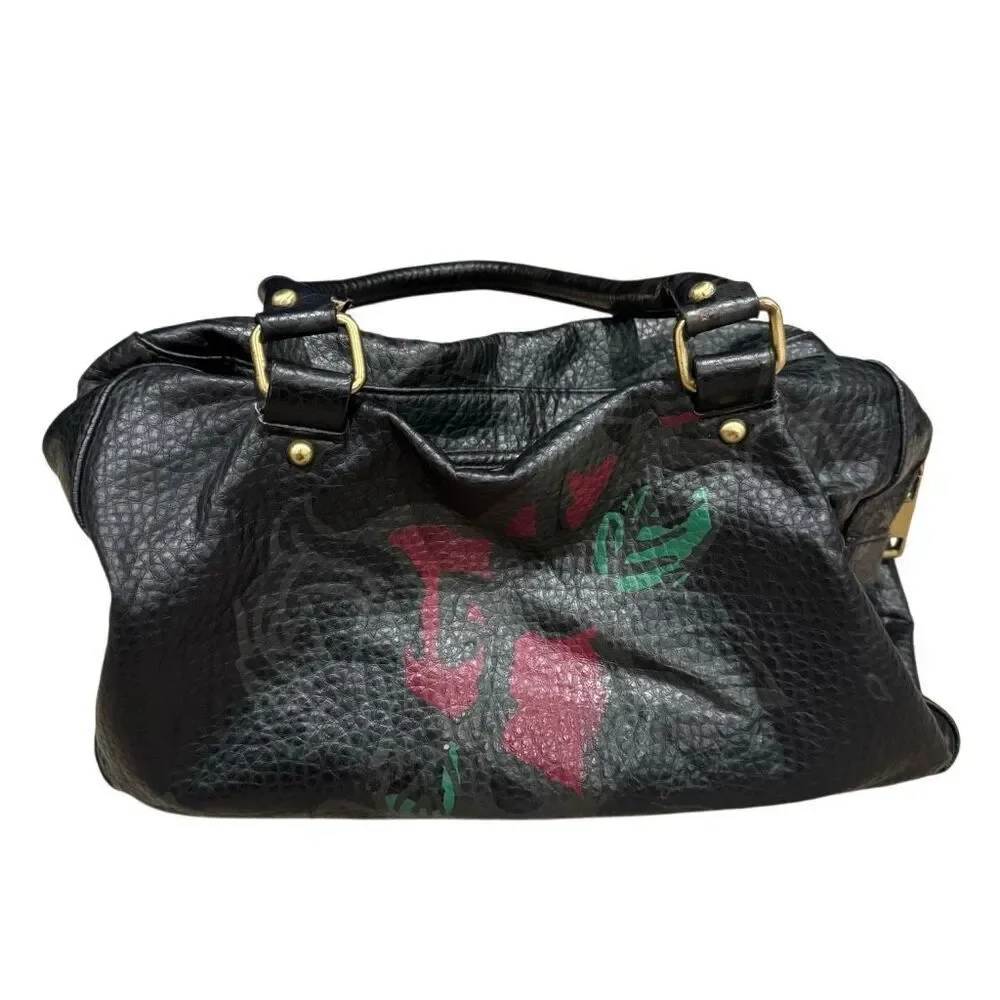 Steve Madden Y2K Black Floral Satchel Bag Pebbled Faux Leather
